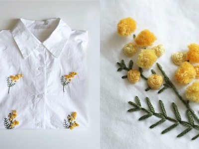 SUB CC] 화이트 셔츠 위에 핀 샛노란 미모사 꽃, 프랑스 자수 Mimosa flowers on my old shirts, Hand embroidery
