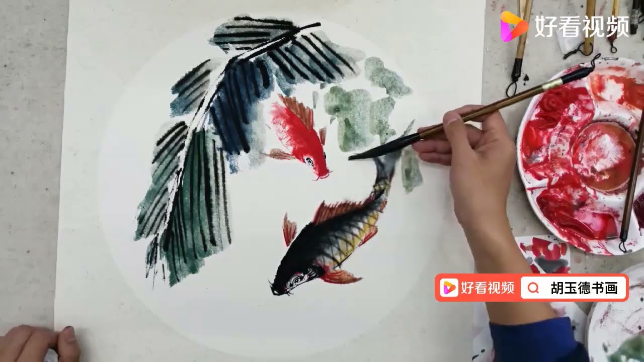 Double Fishes painting on Xuan-paper | Chinese brush art