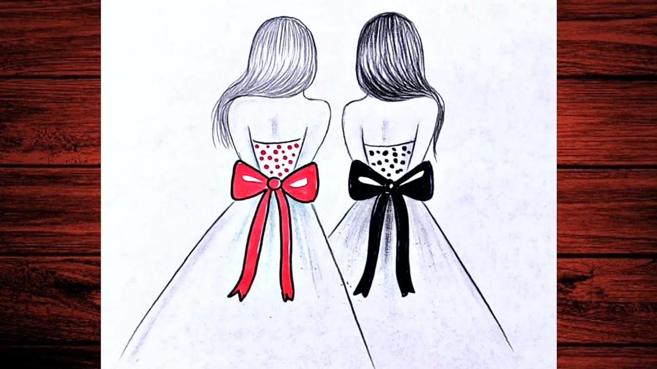 Two girls best friends in beautiful dresses drawn in pencil step by step.Easy drawings for beginners