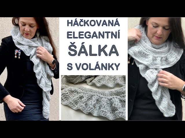 Háčkovaná ELEGANTNÍ ŠÁLKA S VOLÁNKY,  luxusní volánkový lehounký šál, PSANÝ návod pro začátečníky