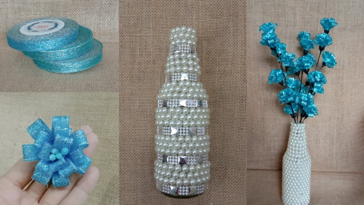 DIY || How to make Metallic Ribbon Flowers Easy and Vases (Bunga dari Pita metalik dan Vas Bunga)